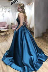 Simple blue satin long prom dress blue satin evening dress