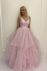 Simple pink v neck tulle long prom dress pink tulle formal dress