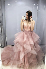 Pink v neck tulle long prom dress pink sweet 16 dress