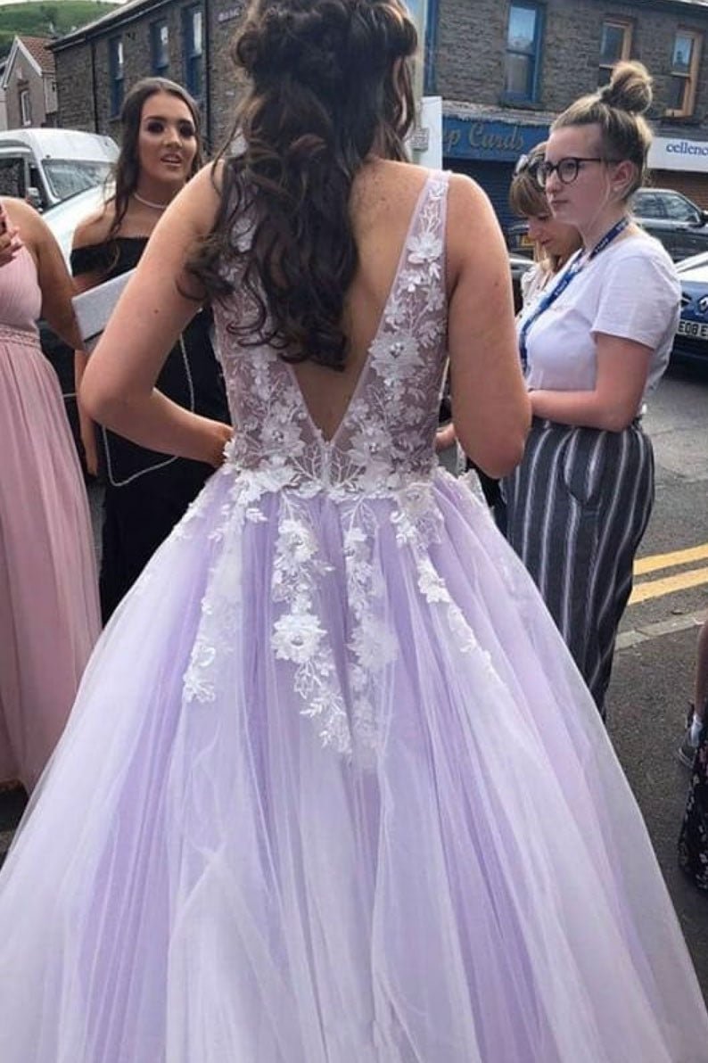 Purple tulle lace long prom dress, purple lace formal dress