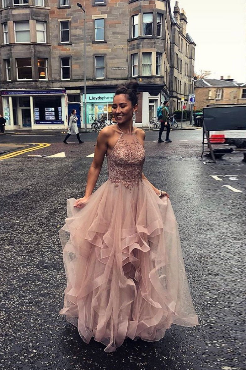 Pink tulle lace long prom dress sweet 16 dress