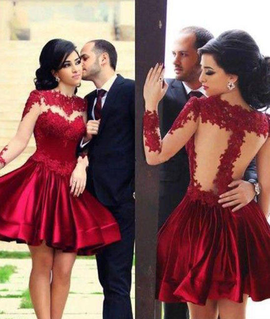 Red Lace long-sleeve Short Prom Dress, Homecoming Dress