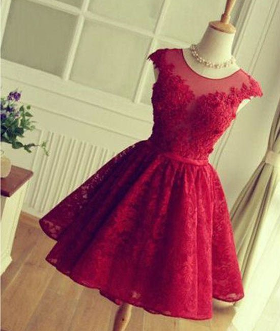 Simple round neck lace short red prom dress, bridesmaid dress