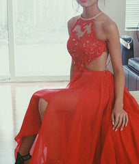 A-line Red Lace Backless Long Prom Dress,Evening Dress