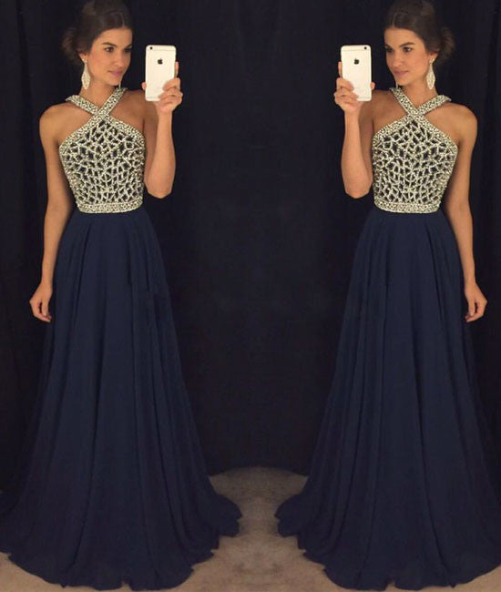 Dark blue beaded long prom dress for teens, dark blue formal dress