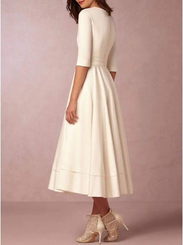 A-Line Wedding Dresses V Neck Tea Length Satin Half Sleeve Simple Casual Vintage Little White Dress 1950s