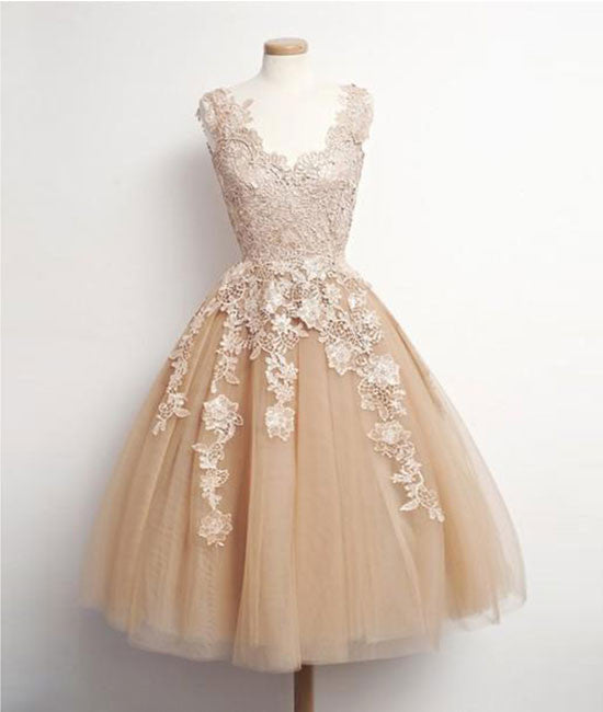 Champagne Tulle lace applique Short Prom Dress, Homecoming Dress