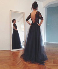 Black lace Tulle backless Long Prom Dress, Evening Dress