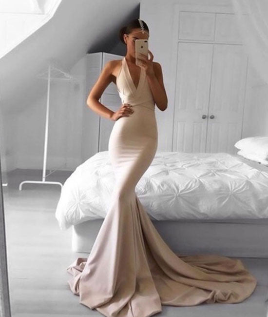 Simple champagne mermaid long prom dress, champagne evening dress