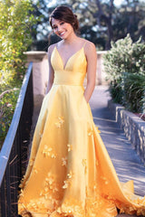 Yellow  satin long prom dress yellow evening dress