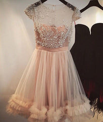 Cute round neck tulle short prom dress, cute homecoming dress