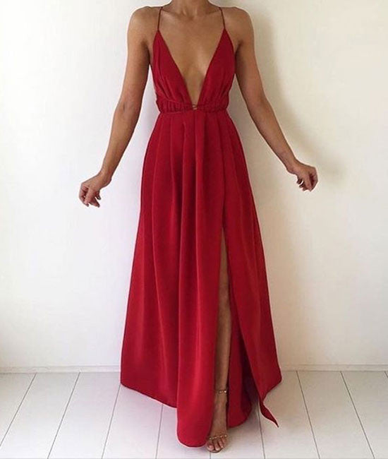 A-line Backless Red Long Prom Dress, Evening Dress