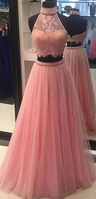 Pink two pieces lace tulle long prom dress, pink evening dress