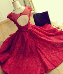 Simple round neck lace short red prom dress, bridesmaid dress