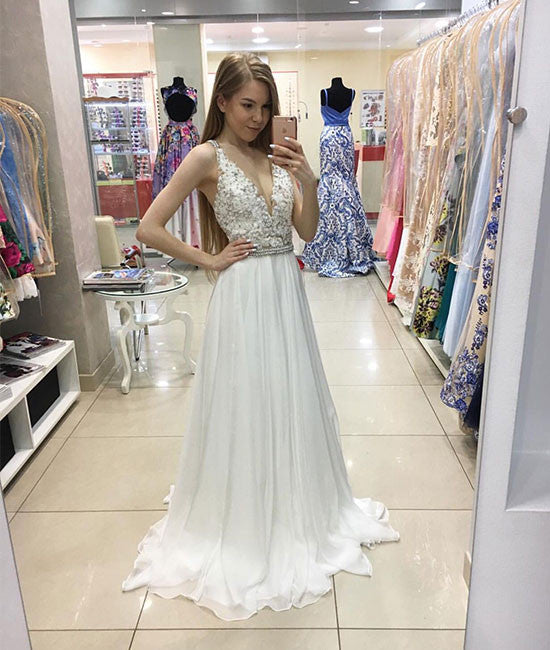 White v neck lace long prom dress, evening dress