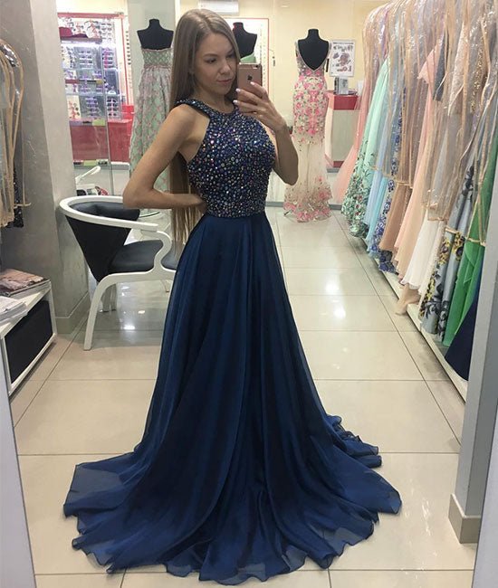 Dark blue beads chiffon A-line long prom dress, blue evening dress