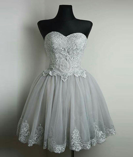 Cute gray tulle lace short prom dress, gray homecoming dress