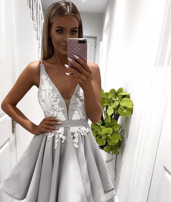 Cute gray lace short prom dress. homecoming dress