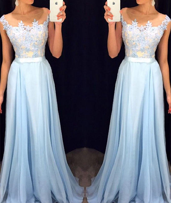 A-line Round Neck Lace Applique Chiffon Long Prom Dress, Formal Dress