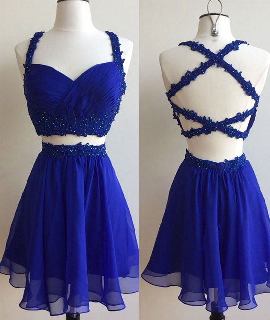 Blue two pieces lace short prom dress, cute homecoming dress