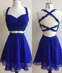 Blue two pieces lace short prom dress, cute homecoming dress