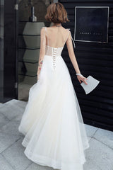White lace tulle long prom dress white tulle lone evening dress