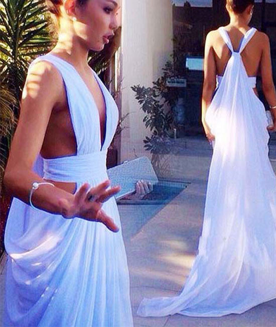 White Backless Chiffon Long Prom Dress, Evening Dress