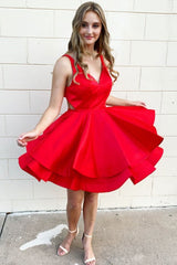 Simple red v neck satin short prom dress red homecoming dress