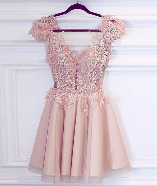 pink v neck short prom dress, cute homecoming dress