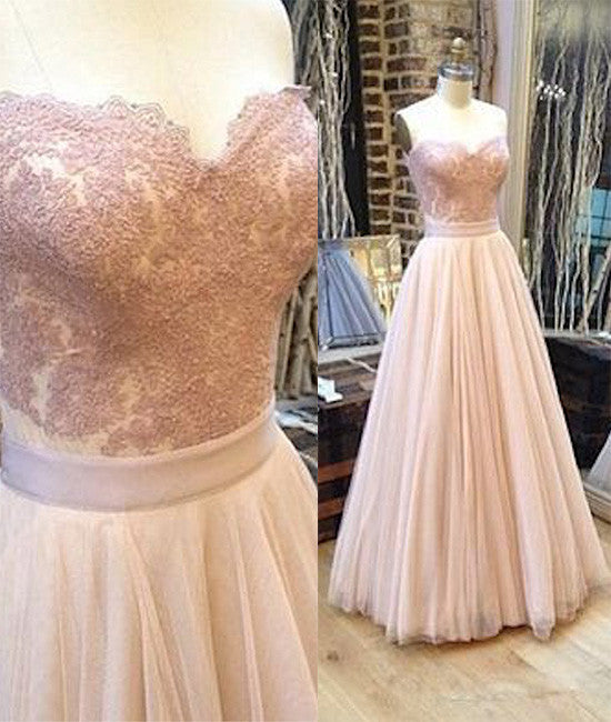 Sweetheart neck tulle lace long prom dress, lace evening dress