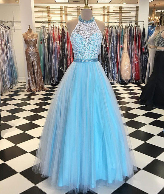 Blue high neck lace tulle long prom dress, blue evening dress