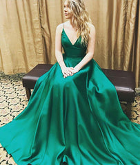 Simple green v neck long prom dress, green evening dress