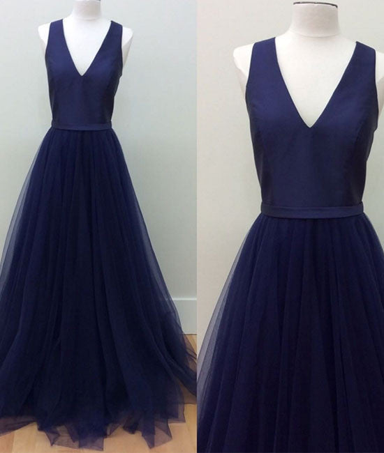 simple v neck tulle long prom dress, dark blue evening dress