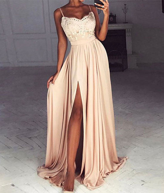 Champagne sweetheart lace long prom dress, formal dress