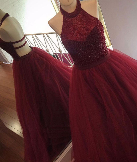 burgundy tulle sequin long prom dress, cute evening dress for teens