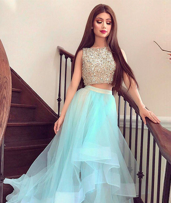 Cute two pieces tulle sequin long prom dress, formal dresses