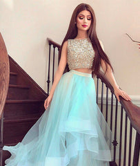 Cute two pieces tulle sequin long prom dress, formal dresses