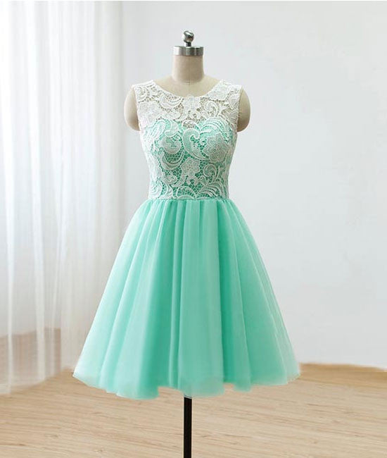 Cute Round neck lace tulle short green prom dress, bridesmaid dress