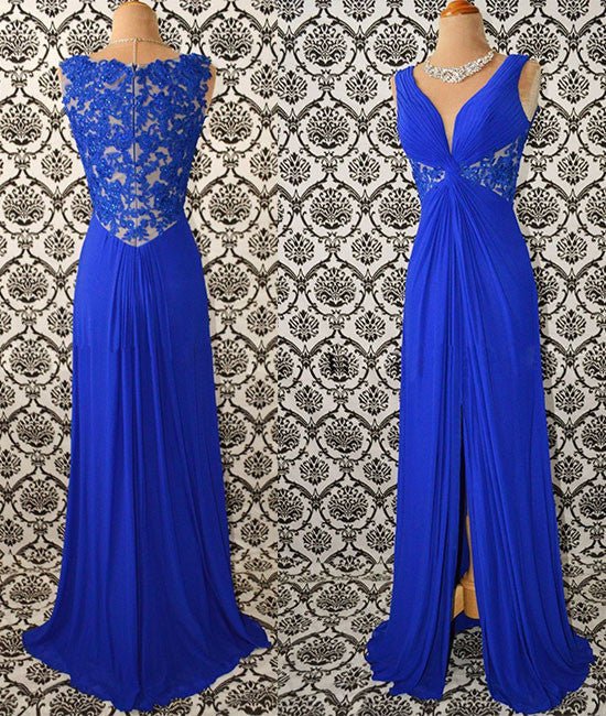 Royal blue v neck chiffon lace long prom dress, evening dress