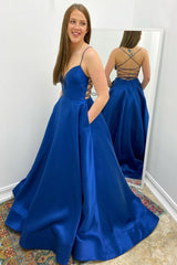 Blue satin backless long prom dress blue evening dress