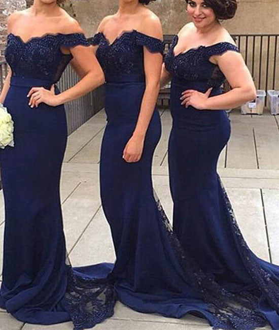 Dark blue off shoulder lace mermaid long prom dress, blue bridesmaid dress