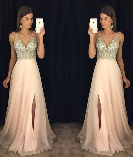 Pink v neck chiffon long prom dress, pink evening dress