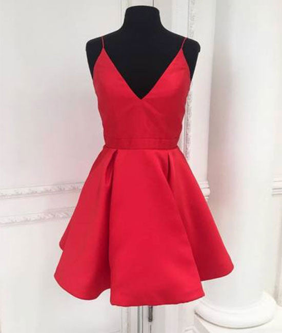 Cute v neck red short prom dress, red homecoming dress