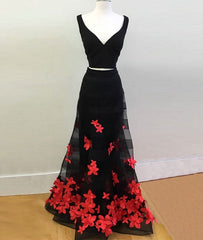 Black two pieces applique long prom dress, black evening dress