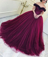 Burgundy tulle long prom gown, burgundy evening dress