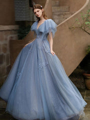 Blue A line tulle long prom dress blue formal party dress