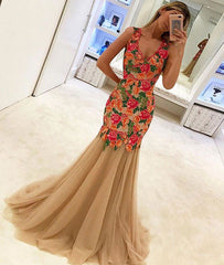 unique lace applique tulle long prom dress, evening dress