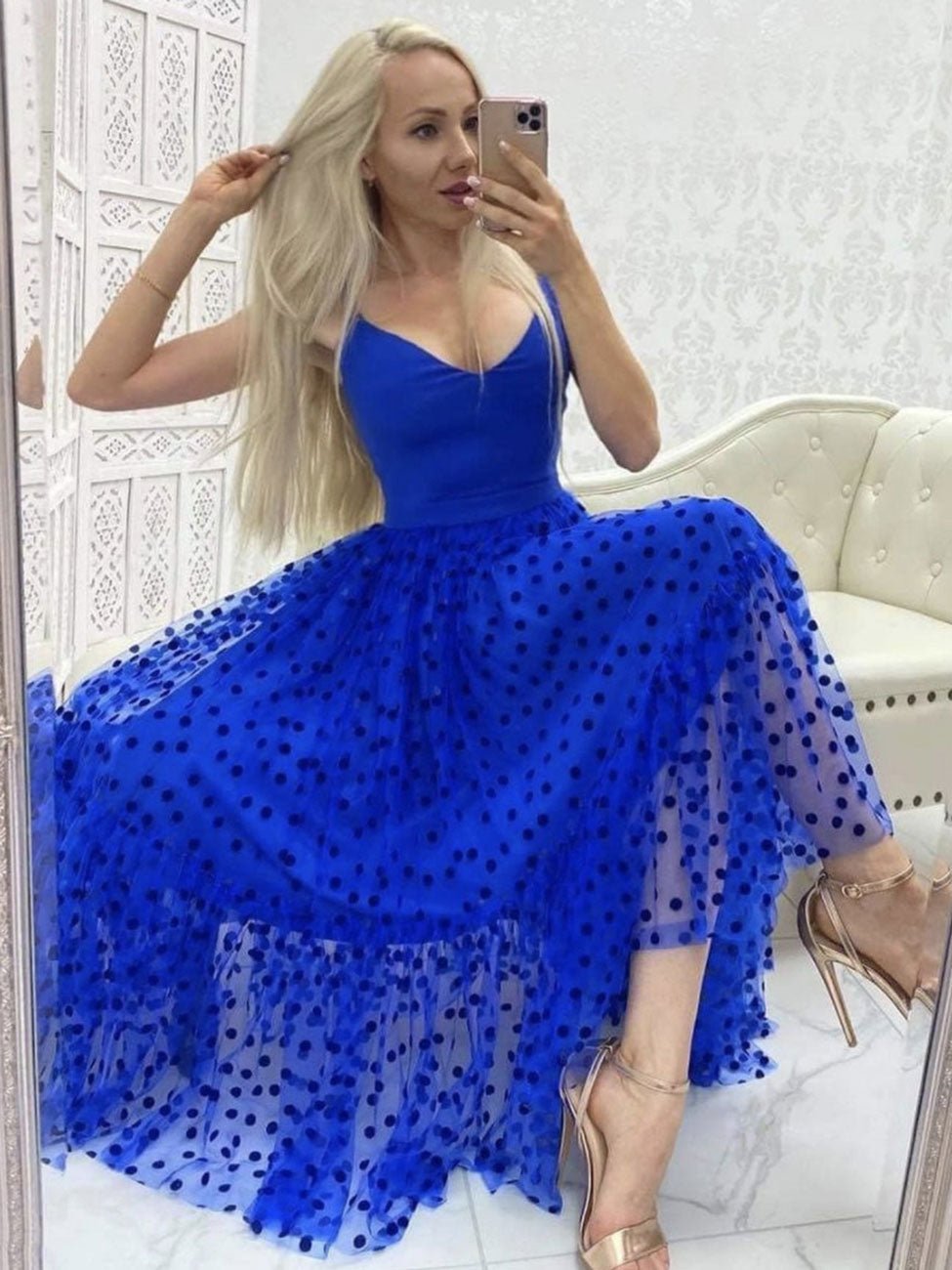 Blue v neck tulle tea length prom dress, blue tulle formal dress