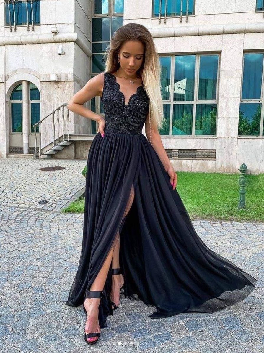 Black v neck chiffon  lace long prom dress, black evening dress