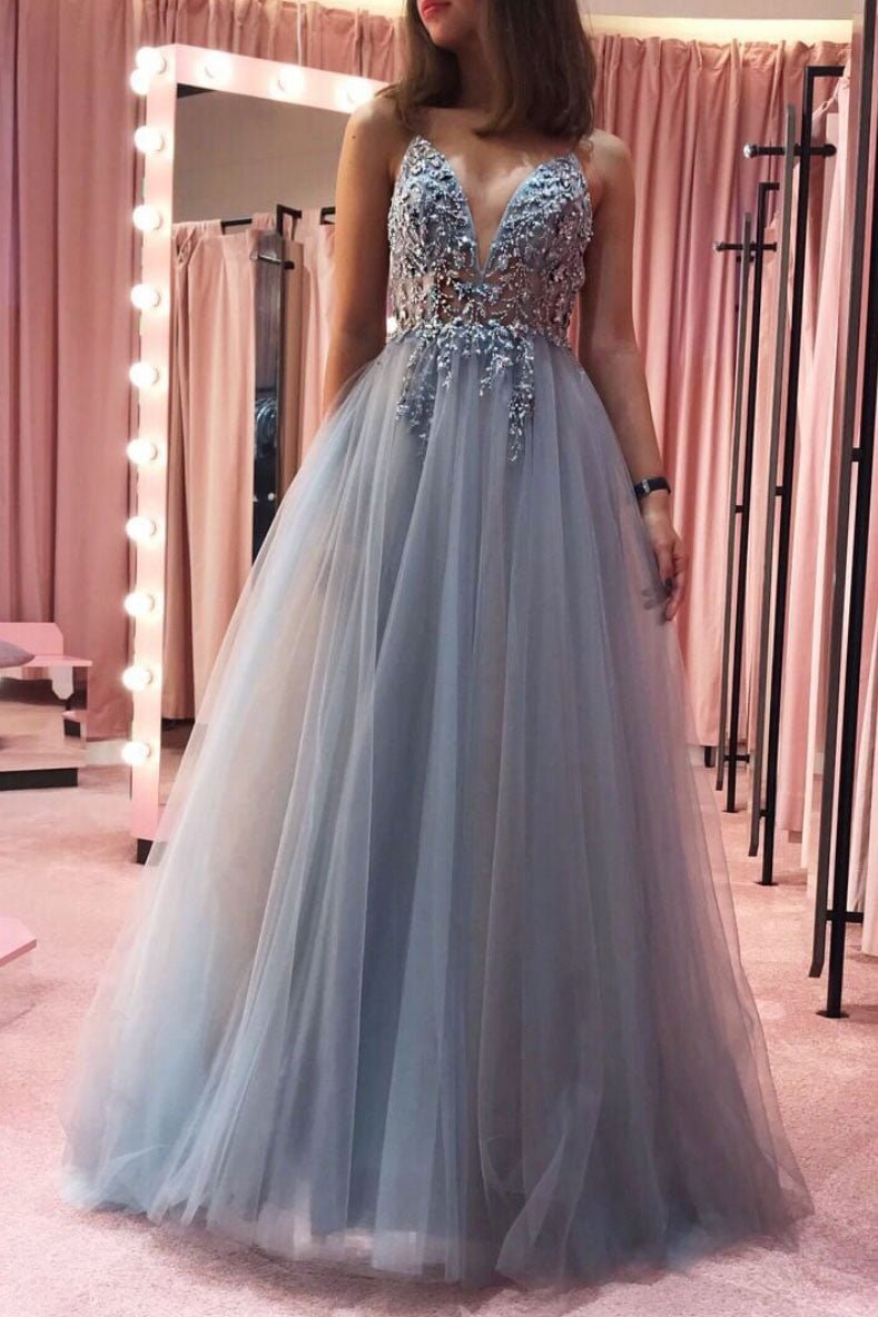 Gray v neck tulle lace long prom dress gray tulle formal dress